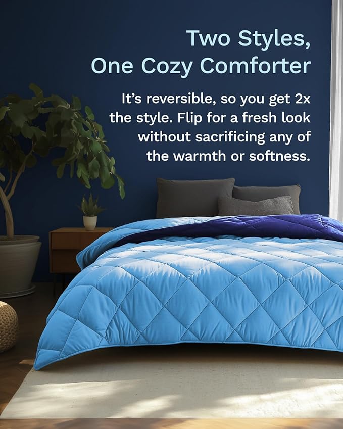 ViscoSoft Microfiber All Seasons Down Alternative Quilted Comforter - Cooling Breathable Premium Soft Reversible Microfiber Duvet Blanket, Light Blue/Dark Blue, Full