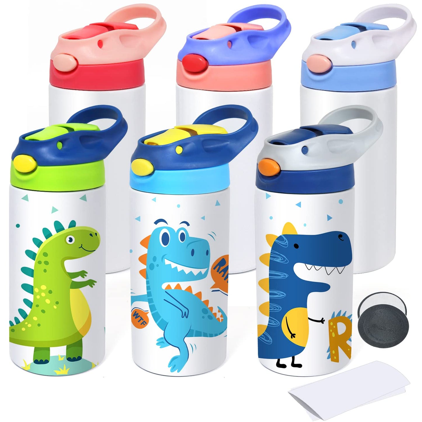 Mocaru Kids 12oz Sublimation Water Bottle with Pop-up Straw and Handle, Stainless Steel Insulated Sippy Cups Blanks with Shrink Films (6 Pack)