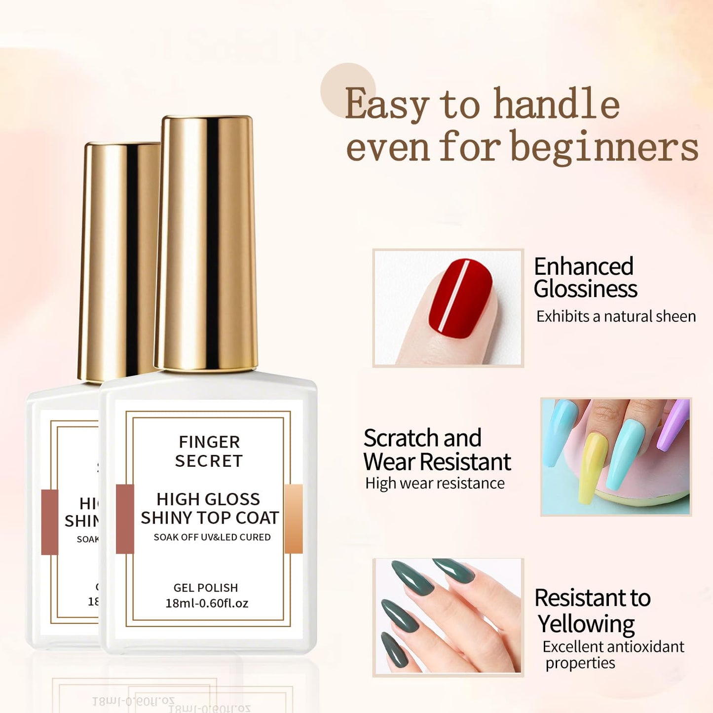 finger secret Golden Shiny High Gloss Top Coat - Crystal Sealant with Golden Luster, Clear Gel Nail Polish & Dip Powder Top Coat