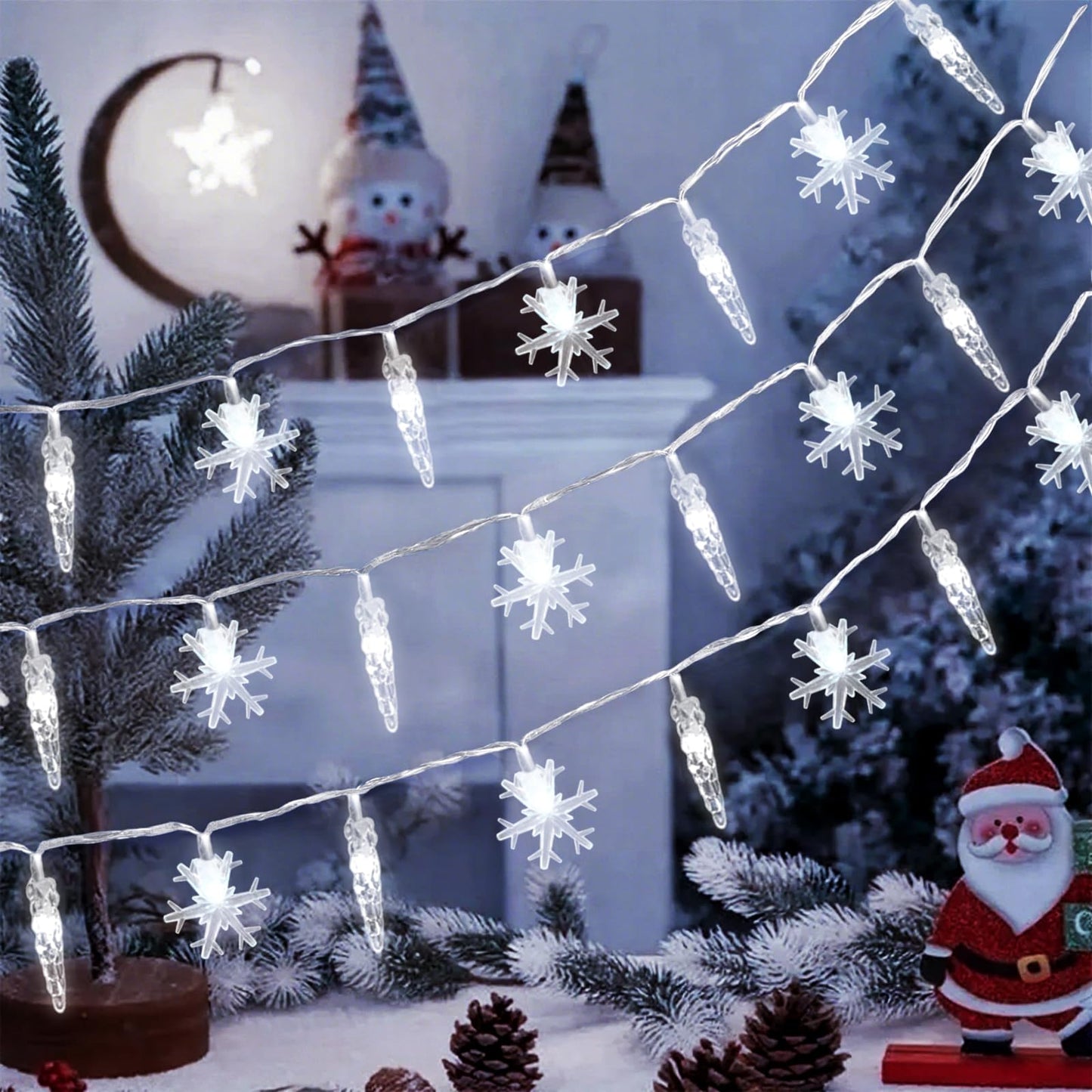 Gradesin 20Ft Icicle String Lights, 40 Led, Battery Operated, Cool White Acrylic For Indoor Christmas Decorations