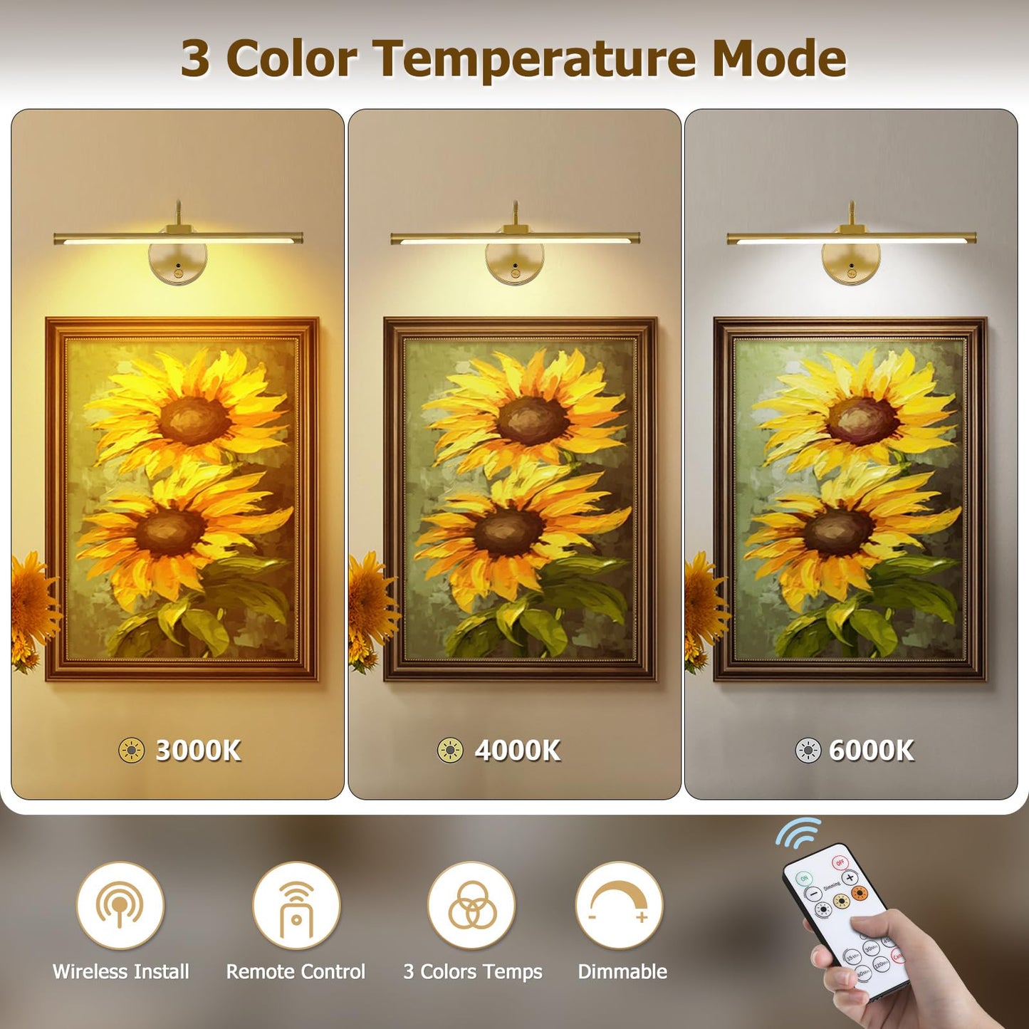 Picture Lights For Wall - Wireless Rechargeable Led Light With Remote  Adjustable Arm  Gold Battery Operated Display Lighting For discomfort-reducingtings  Bedroom  Gallery Wall D?Cor (Gold  12.6 Inch - 2Pack)