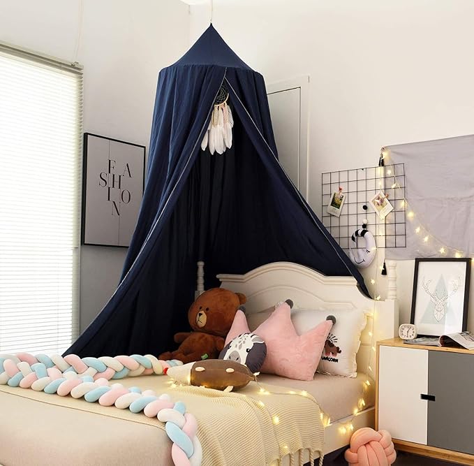 Mengersi Bed Canopy Play Tent for Kids, Round Dome Kids Mosquito Net Indoor Outdoor Castle Hanging House Decoration Reading Nook (Dark Blue)