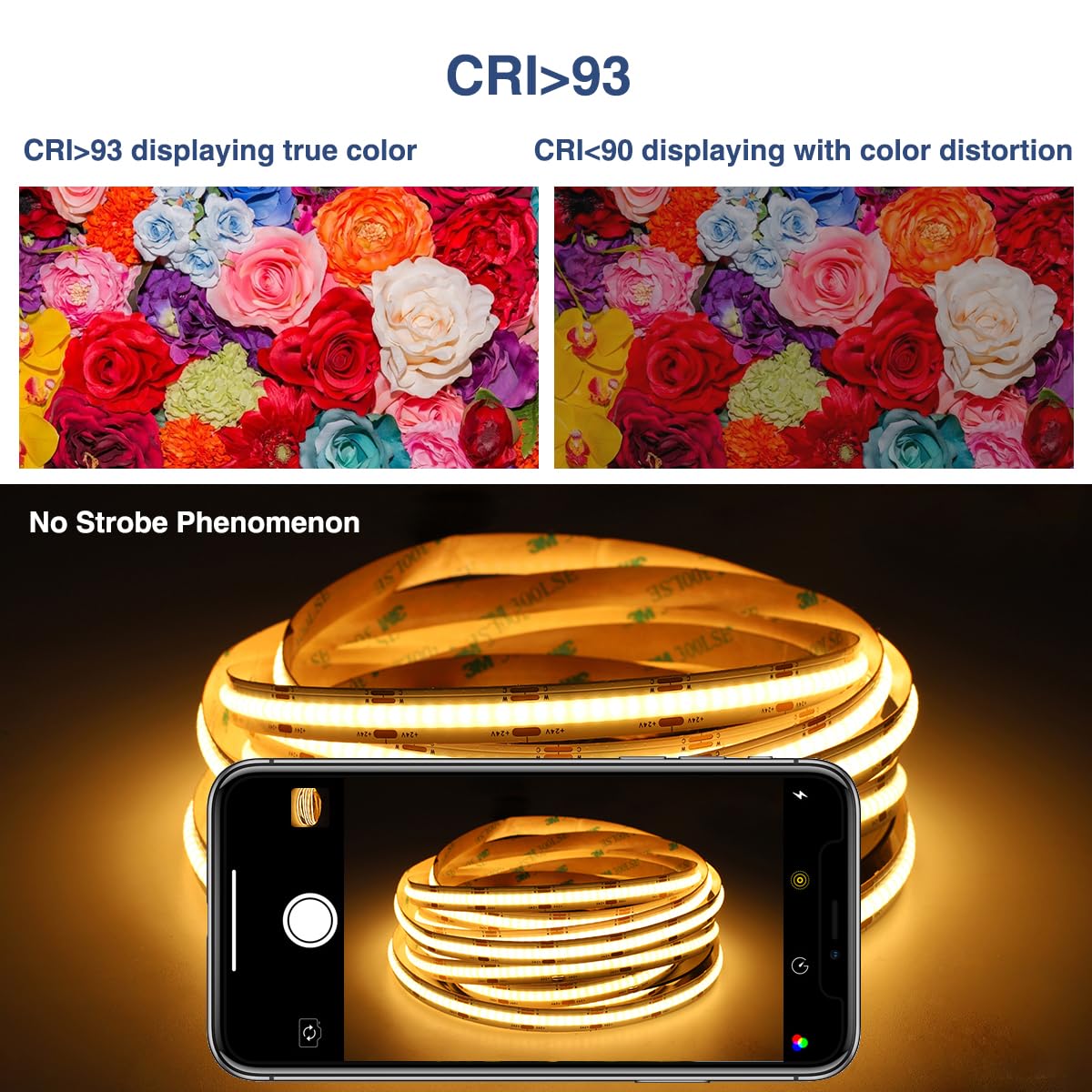 Ustarus COB LED Strip Light 16.4FT 24V Dimmable 2700K-6500K White Model ULS-A