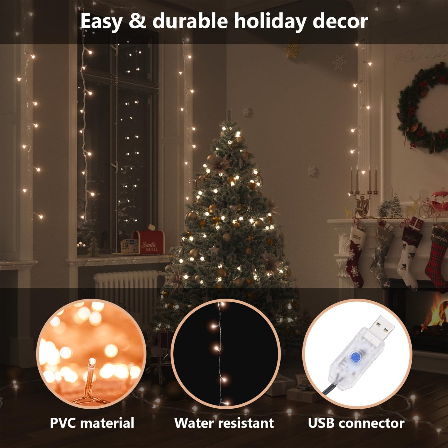 vidaXL LED String Lights, 49ft with 150 Warm White Lights, USB Powered, Copper, Model 343228, Transparent PVC Cable