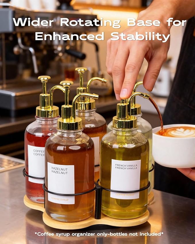 Rotating Coffee Syrup Organizer, Syrup Bottle Holder for Coffee Syrup Dispenser 16.9oz, Bamboo Coffee Syrup Rack for Coffee Bar Station Countertop, Coffee Bar Accessories(Syrup Rack Only)