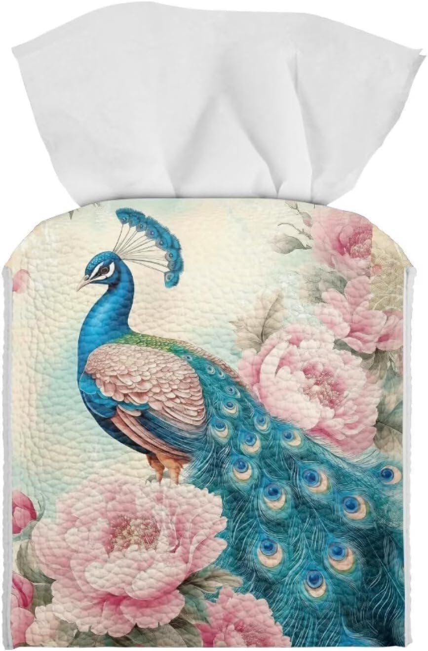 Peacock Tissue Box Cover Cube Leather Tissue Box Holder Waterproof Facial Paper Organizer 5x5x5 inch Mordern Home Decor Accessories for Bedroom Living Room