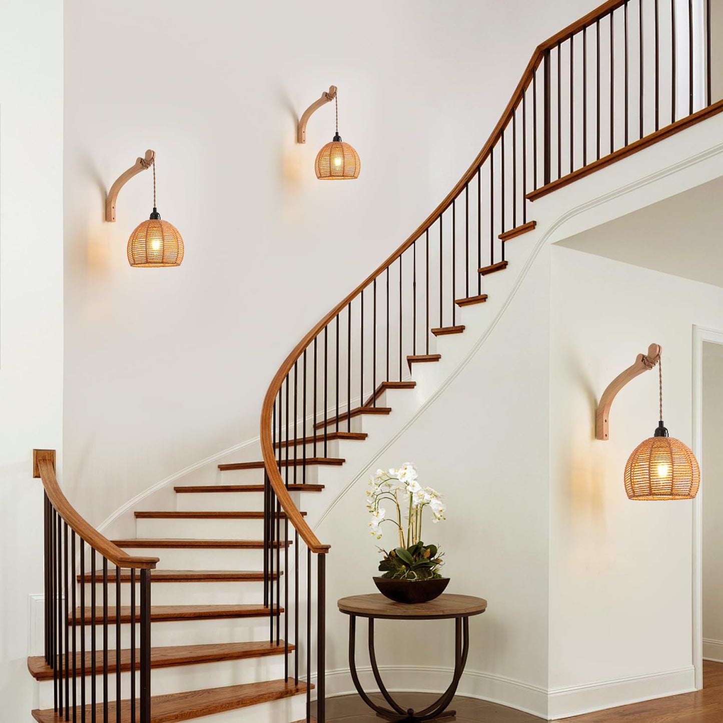 Cafulam Plug In Wall Sconce Farmhouse Wicker Wall Lamp Plug In Hand Woven Rattan Wall Light Farmhouse Rustic Boho Sconces Wall Lighting For Living Room Bedroom