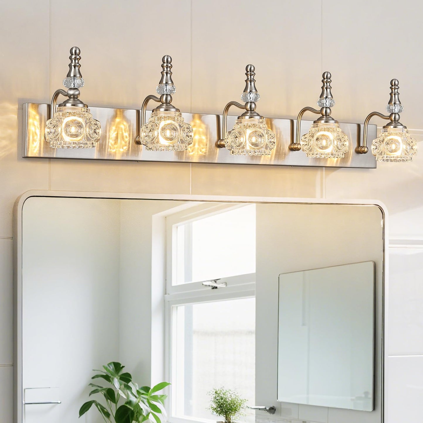 Lbsqj Modern Glass Crystal Vanity Light - Vintage Bathroom Lighting Fixtures Over Mirror  5 Light Vanity Lights G9 Bulb (35.43 Inch  Nickel)