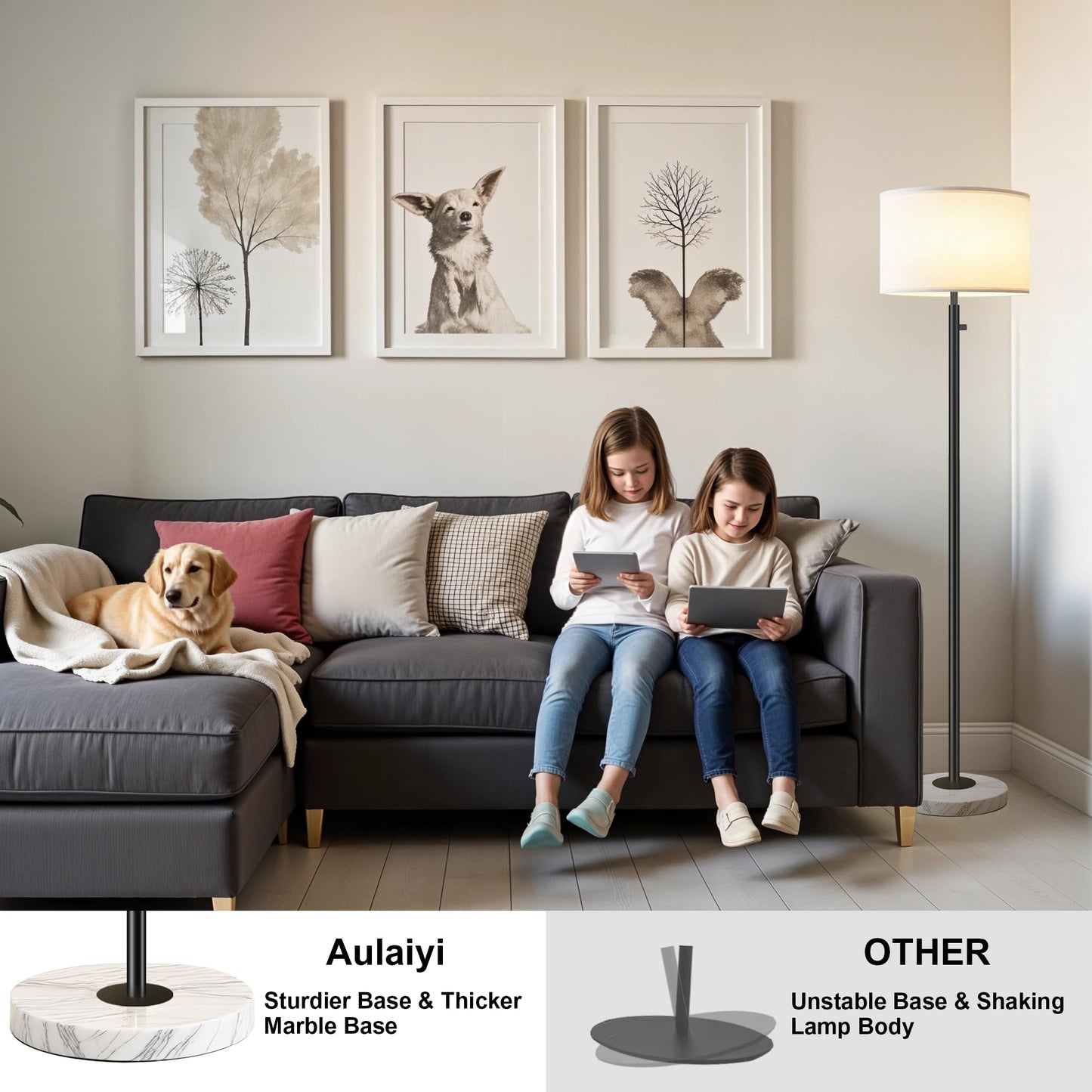 Aulaiyi Modern Floor Lamp, Tall Standing Lamp with Marble Base, LED Bulb Included, WK012-Black, Natural Linen