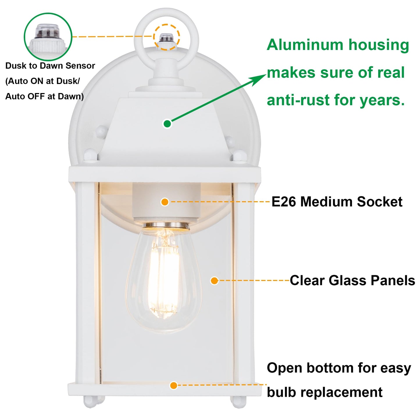 LIT-PaTH Dusk to Dawn Outdoor Wall Lantern, Waterproof Aluminum, E26 Base, 2-Pack, White, Model LT-WL009P-WT-2PK