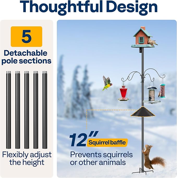 VIVOHOME 92 Inch Bird Feeder Pole with Squirrel Baffle and 4 Hooks, Outdoor Bird House Pole Mount Kit with 5 Prong, Heavy Duty Adjustable Bird Feeder Stand