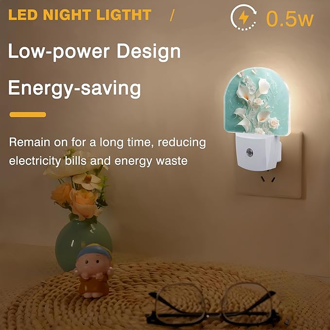 Night Light, White Calla Lilies and Butterflies Night Lights Plug into Wall Dusk to Dawn Sensor Round Nightlight for Women Men Energy Efficient Led Lamp 0.5W for Stairway Hallway Bedroom