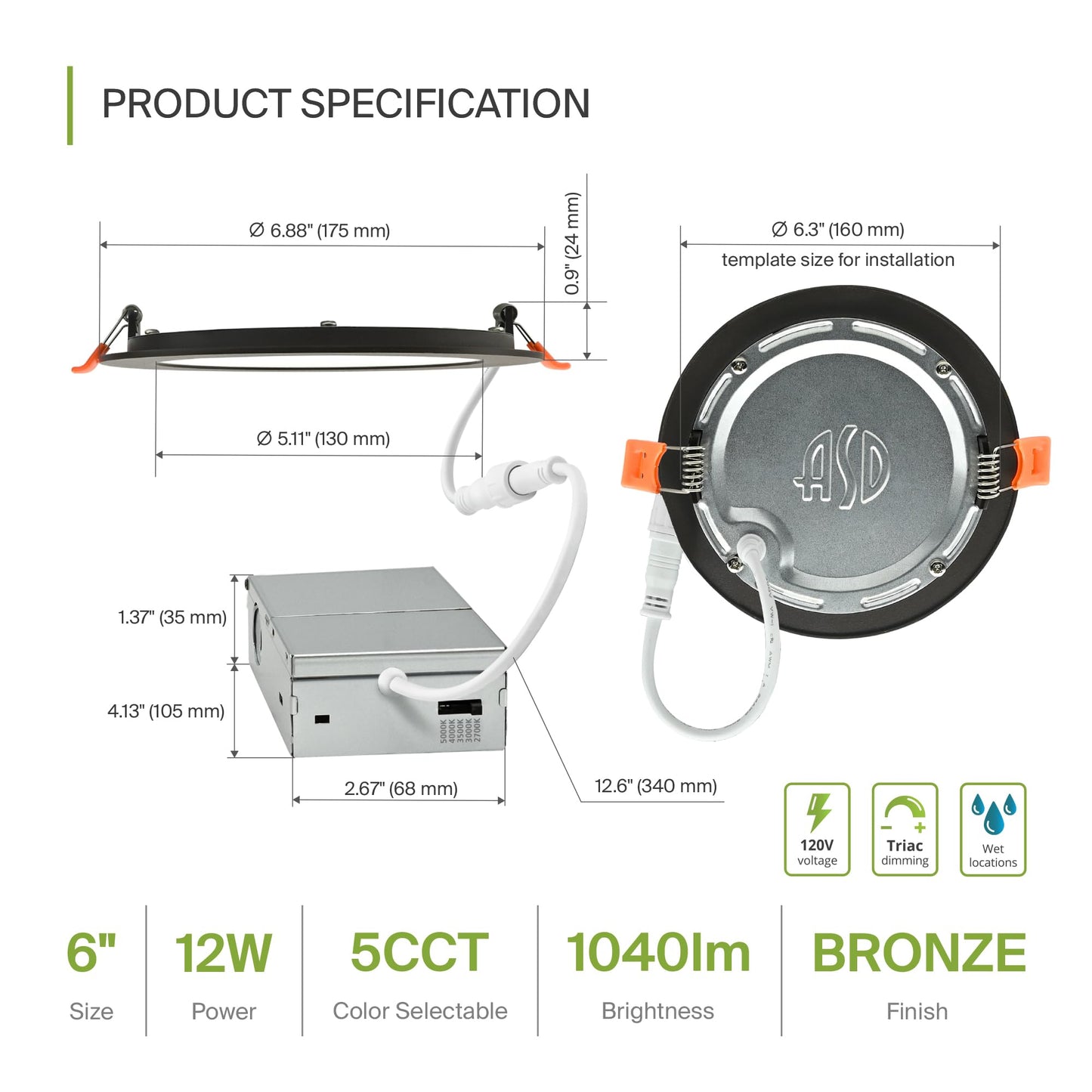 Asd 6 Pack Led Recessed Lighting 6 Inch 12W  5 Cct 2700K-5000K Cri90+  Ic Rated Ultra Thin Dimmable Ceiling Lights With J Box  Canless Wafer Downlight  Round Slim Panel Light  Energy Star Etl  Bronze