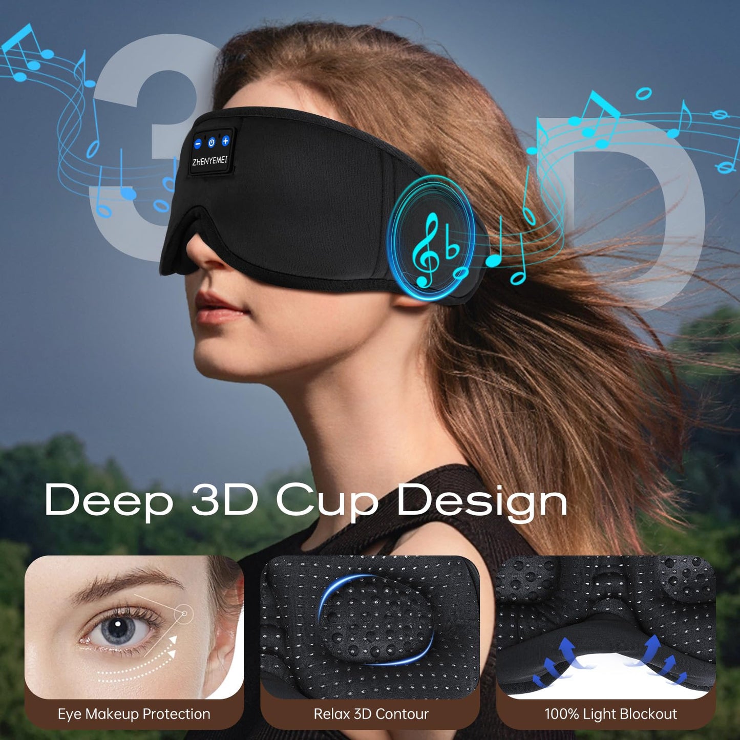 ZHENYEMEI 3D Sleep Mask with Bluetooth Headphones, Sleeping Headphones for Side Sleepers, Wireless Music Eye Mask with Ultra-Thin Stereo Speakers for Men, Women, Tech Gifts, Black