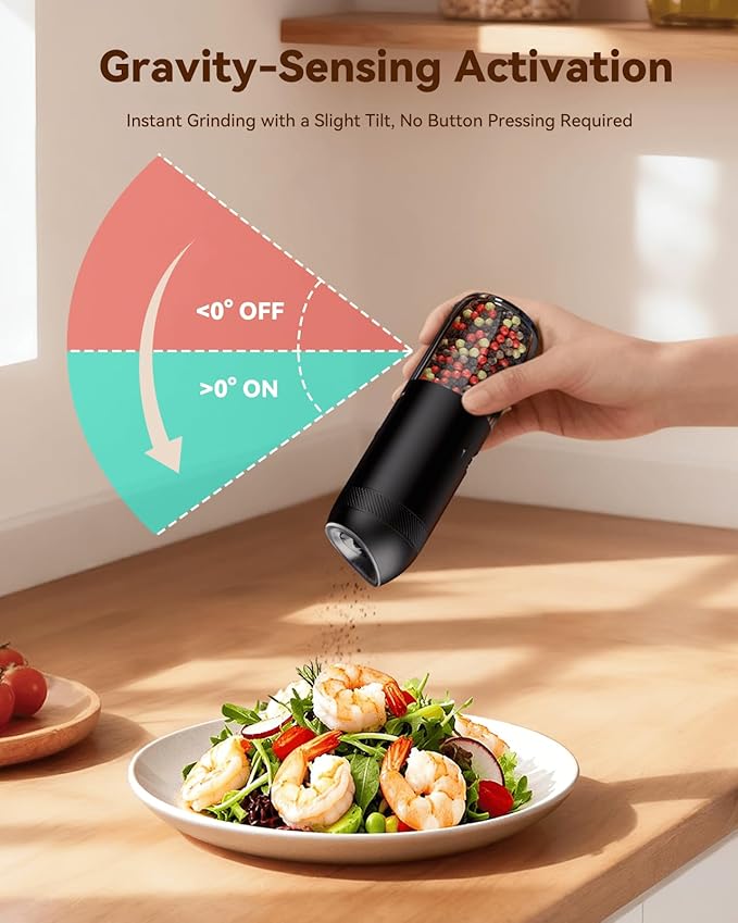 WONMAKE Gravity Electric Salt and Pepper Grinder Set with Charging Base, Automatic Salt and Pepper Mill, 6-Level Adjustable Coarseness, Dual Speed, and Large 5.95oz Capacity