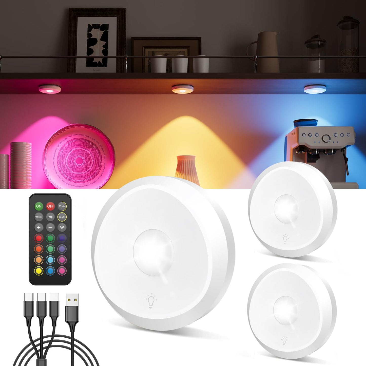 Rechargeable Rgb Puck Lights With Remote  2400Mah Battery Touch Light Magnetic Push Tap Lights Wireless Color Changing Led Under Cabinet Lighting  Sitck On Light For Kitchen  Closet  Pantry  Shelves