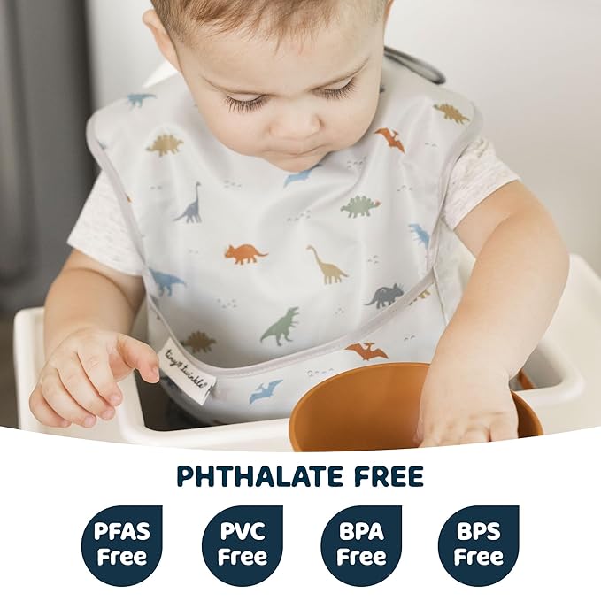 Tiny Twinkle Mess-Proof Baby Bibs for Eating | Waterproof, Wipeable Toddler Bibs with Catch-All Pocket | Feeding Bibs for Girls & Boys(3 Pack,Dinosaur Set)