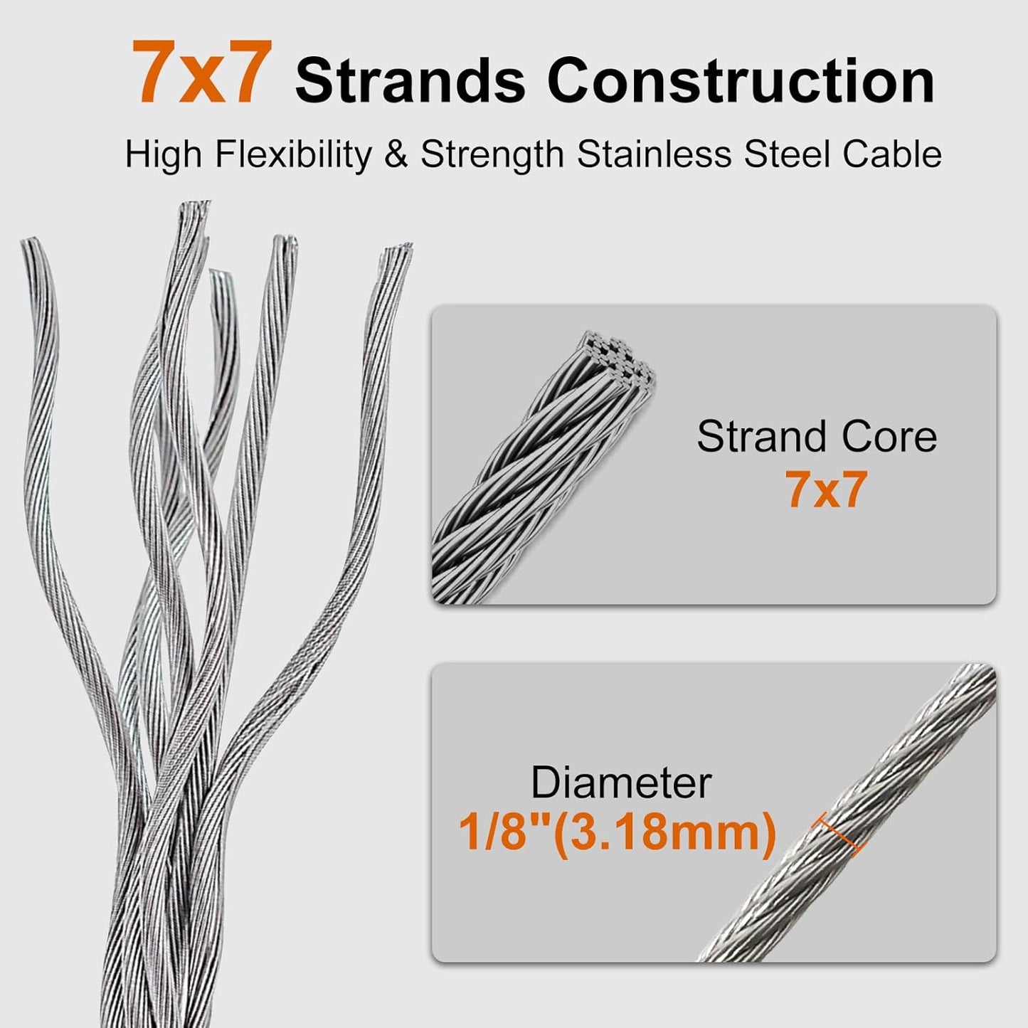 1/8" wire cable, 100ft Wire Rope Metal Cable With Loop Sleeve And Steel Thimble, Outdoor hanging kit, garden fence (SR03-1)
