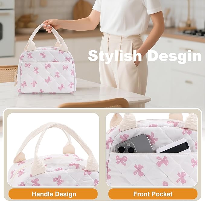 Lunch Bag for Women Insulated Lunch Box Reusable Cooler Bag Portable Cute Floral Quilted Cotton Bag Leakproof Tote Bags for Travel, Work, and Picnic, Pink Bow