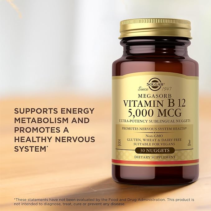 SOLGAR Megasorb Vitamin B12 5000 mcg - 30 Nuggets - Non-GMO, Vegan, Gluten Free, Dairy Free, Kosher - 30 Servings