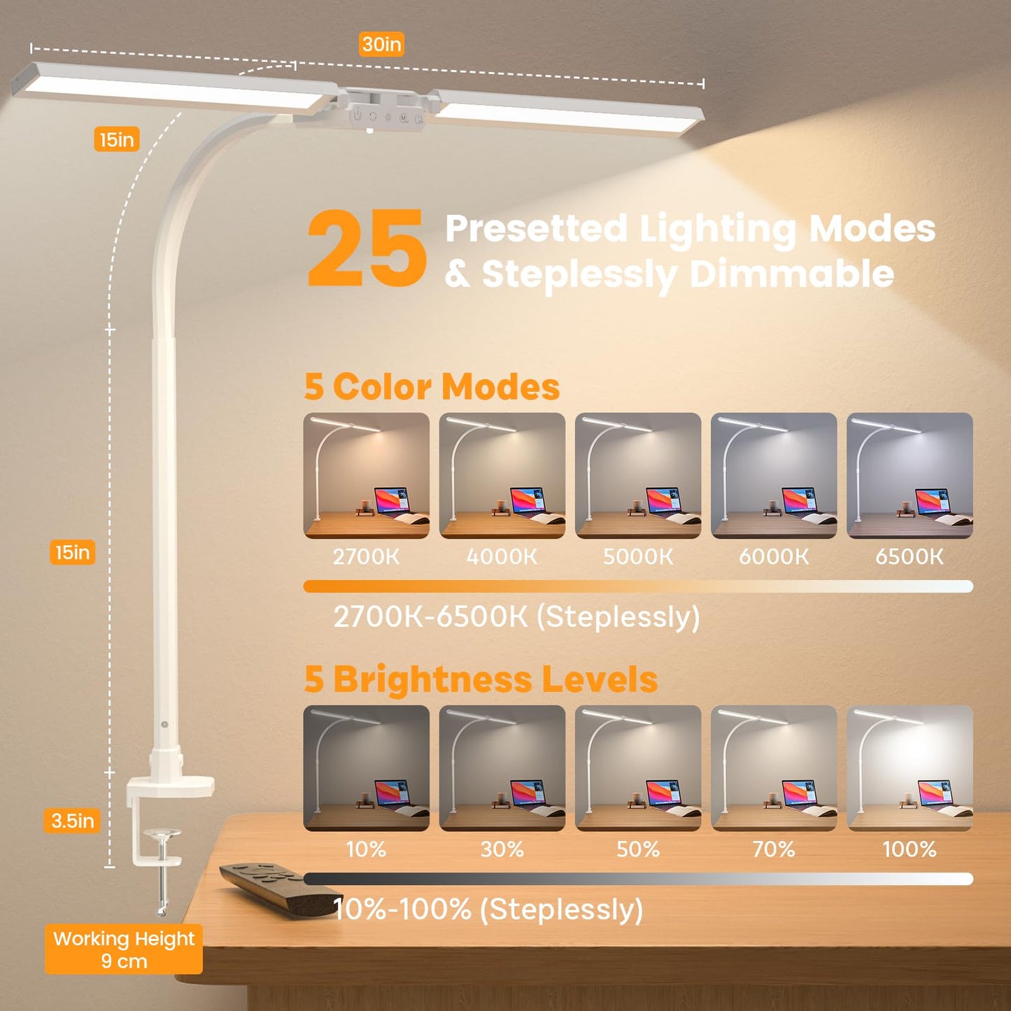 SIBRILLE LED Desk Lamp, Dimmable Dual Head, RGB, Rotatable, Remote Control, 22W, White, Model HL10