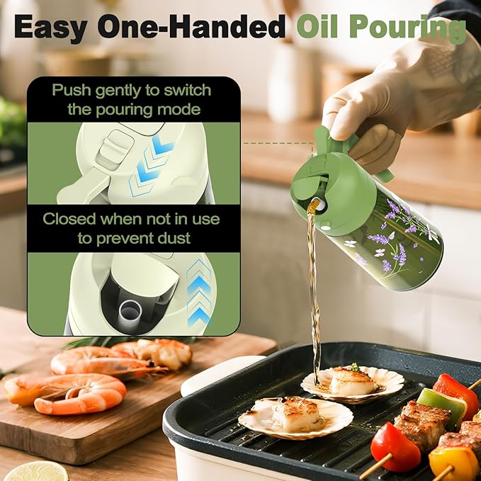 COOLMI Oil Sprayer for Cooking, 2 in 1 Olive Oil Dispenser Bottle Set for Kitchen, Food-Grade Glass Green Oil Vinegar Bottle Container - 16OZ/470ML Set of 2 (Beige + Green)
