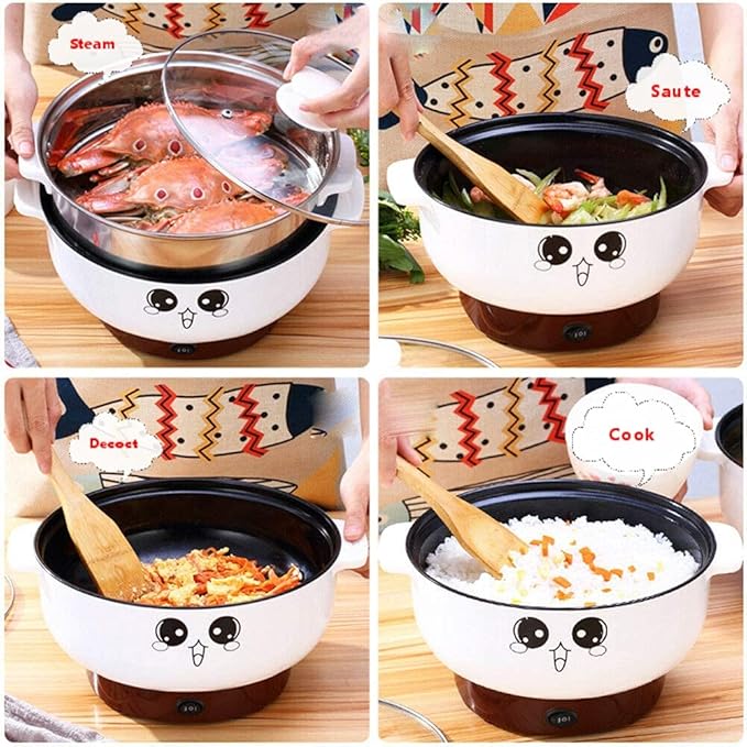 2.8L (with Lid and Steamer) 4-IN-1 Multifunction Electric Cooker Skillet Grill Pot Wok Electric Hot Pot for Noodles Cook Rice Fried Stew Soup Steamed Fish Boiled Egg Non-stick