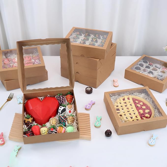 Brown Bakery Boxes with Window (12pcs, 9x9x2.5 Inch) for Christmas: Ideal for Pie, Cookies, Chocolate Covered Strawberries, Breakable Heart & Charcuterie