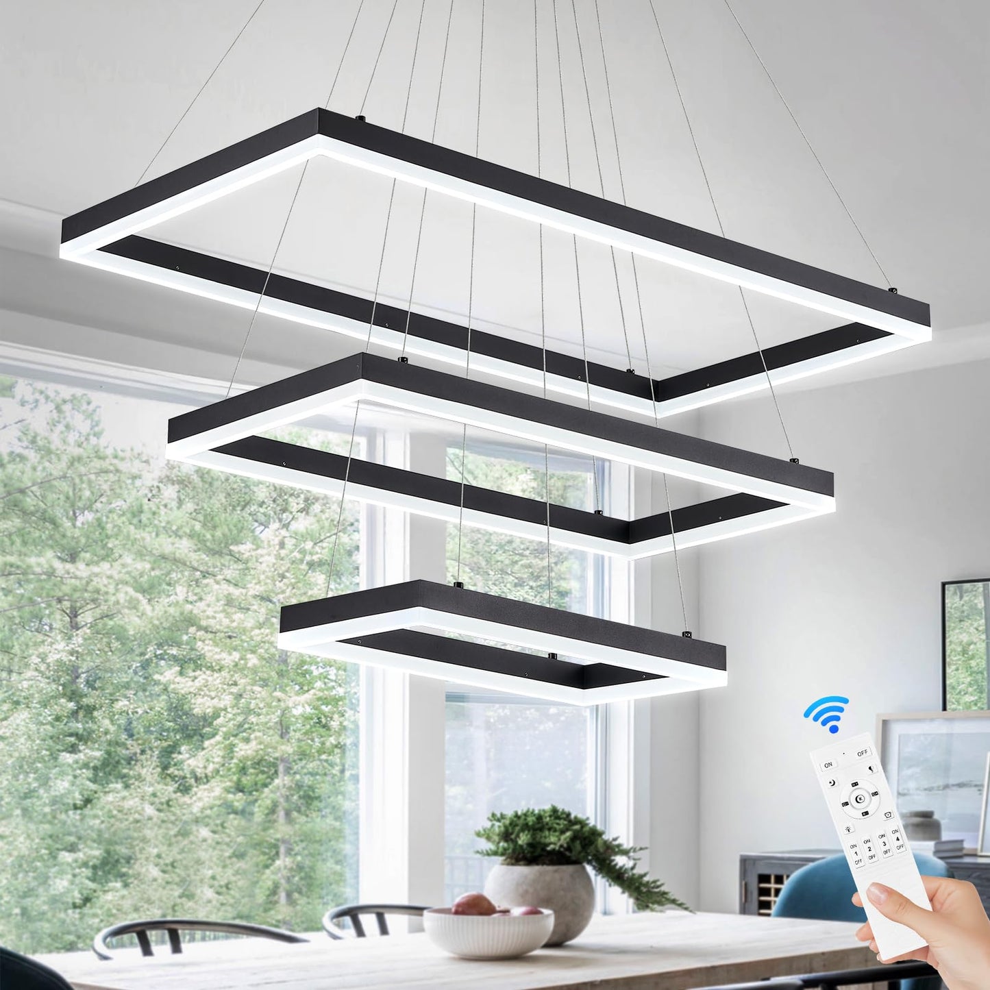 Benkut LED Chandelier, 31.5in Rectangle, Dimmable with Remote, 3 Tier Flush Mount, Black, Aluminum, for High Ceilings, Dining Room, Living Room