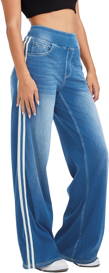 Keolorn Wide Leg Jeans for Women,Unique Color Block Design,High-Waisted Straight Cut,High Elasticity Baggy Denim Pants.