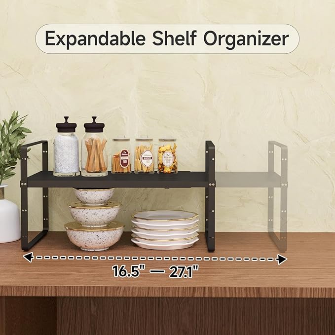 2Pack 16.5-27’’L Expandable Stackable Cabinet Shelves, Adjustable Spice Rack Cabinet Shelf Organizer for Kitchen, Countertop, Pantry and Cupboard, Black