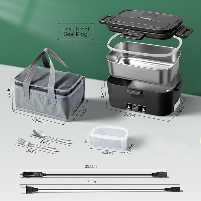 Electric Lunch Box for Adults 1.8L-80W Heated Lunch Box Food Warmer, ON/OFF Power Switch 12/24V/110V,Car, Truck, Work, Travel(Black) 1.8L Portable Fast Heating lunch box for men，
