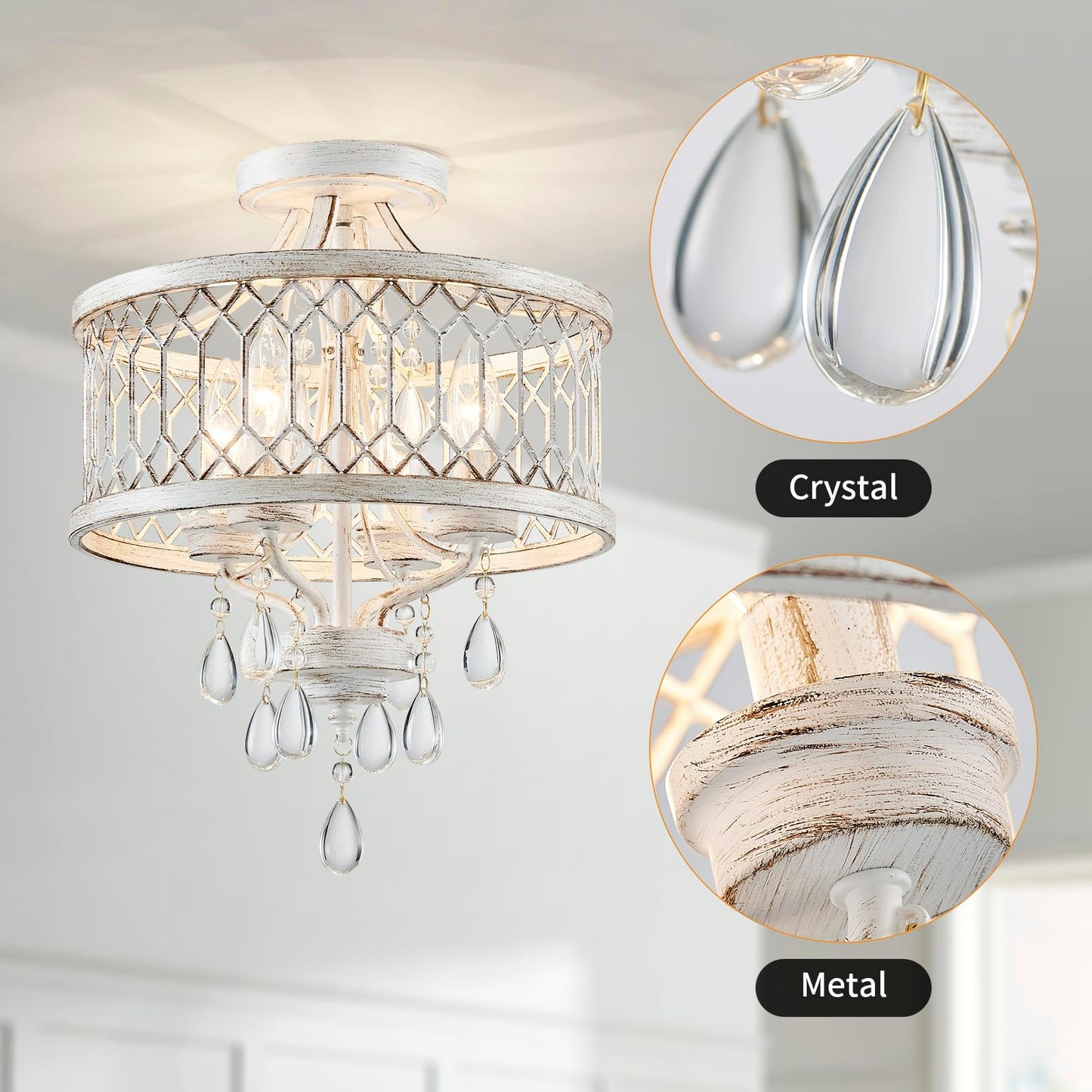 Crystal Ceiling Light Fixture  Modern Semi Flush Mount Ceiling Light  Farmhouse Crystal Chandeliers For Dining Room Light Fixture  Hallway Lighting Fixtures For Kitchen Bedroom Bathroom Foyer Entryway