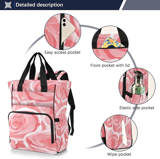 Doodle Pink Rose Diaper Bag Backpack, Mommy Bag, Multifunctional Diaper Bag, Travel Backpack, Large Capacity Diaper Bag