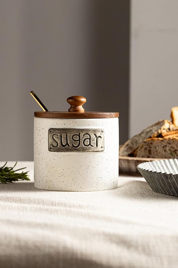 LYEOBOH Ceramic Sugar Bowl with Lid and Spoon, 15 OZ Sugar Holder for Coffee Bar Accessories, Sugar Jar for Countertop, Azucarera Farmhouse Home and Kitchen, White