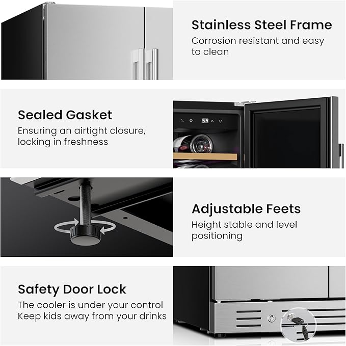 Yeego 24 Inch Wine and Beverage Cooler - 34-65°F Dual Zone, Holds 60 Cans & 20 Bottles, Stainless Steel Door with Lock for Built-in/Undercounter Installation in Kitchen, Patio, Bar & Outdoor Use