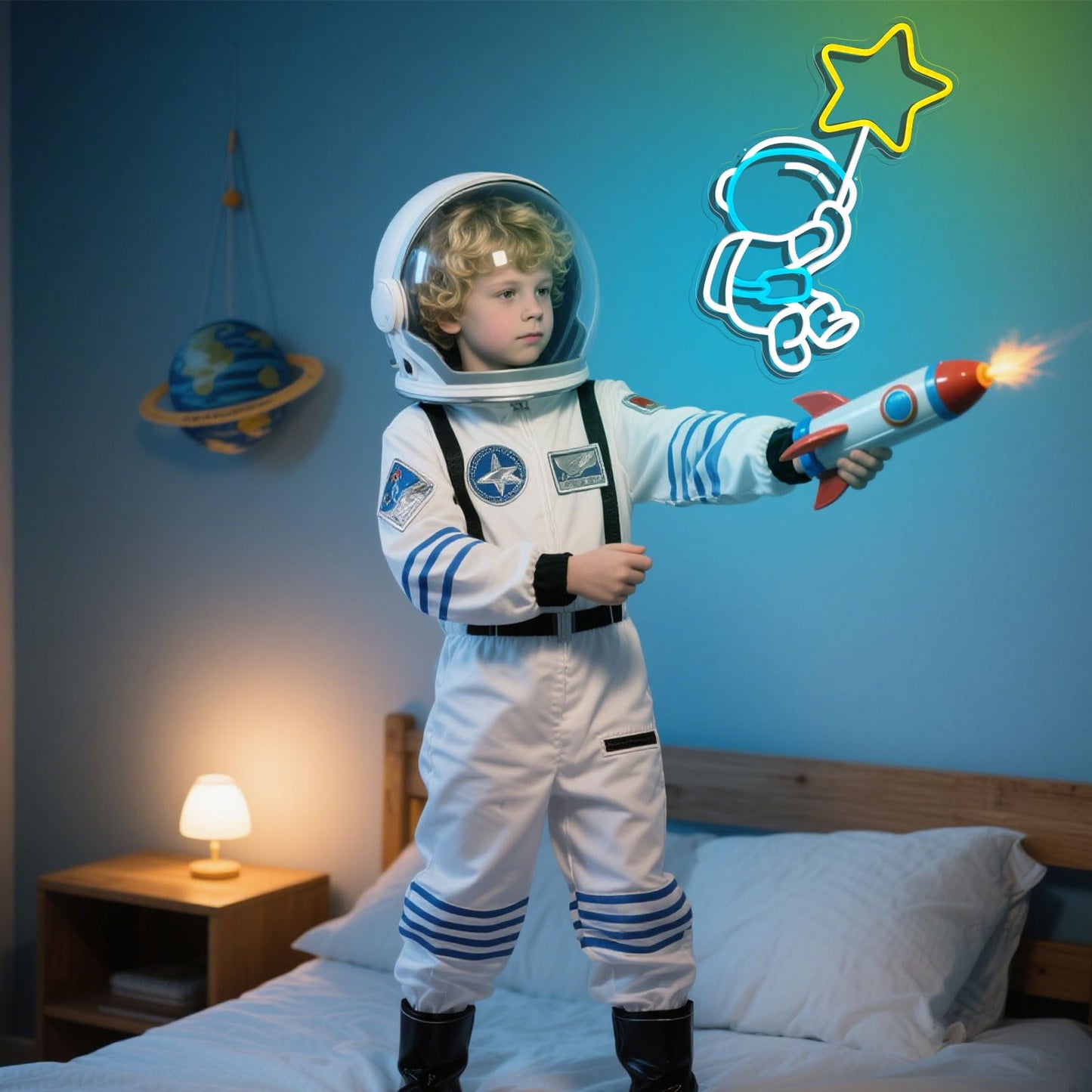 Astronaut Star Neon Sign Spaceman Led Neon Light For Wall Decor Dimmable Astronaut Holding Stars Signs Lights Space Decor For Boys Christmas Gift  Kids  Game Room  Man Cave