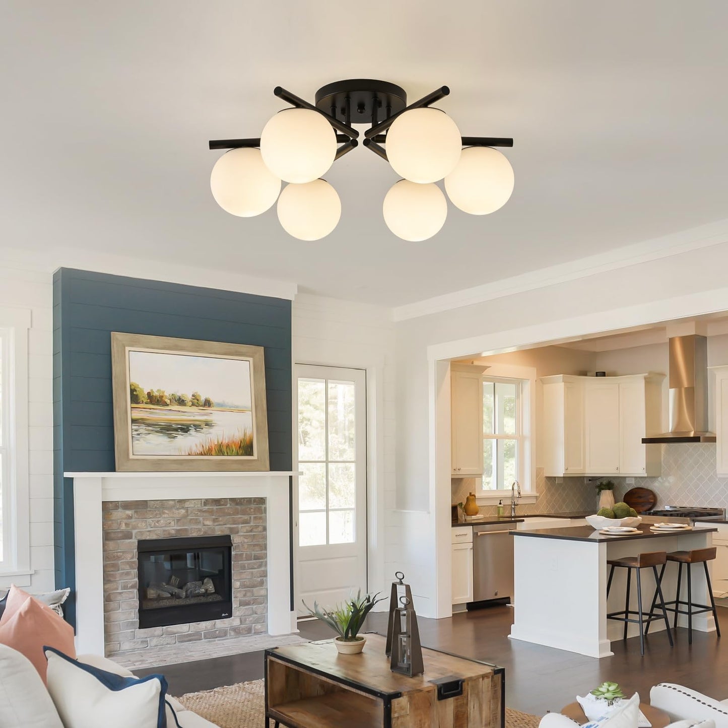 Bsyormak Sputnik Semi Flush Mount Ceiling Light, 6 Globe Lights Sputnik Ceiling Light Fixture, Milk Glass Globe Chandelier for Dining Room, Black Mid Century Modern Chandelier for Living Room, Hallway