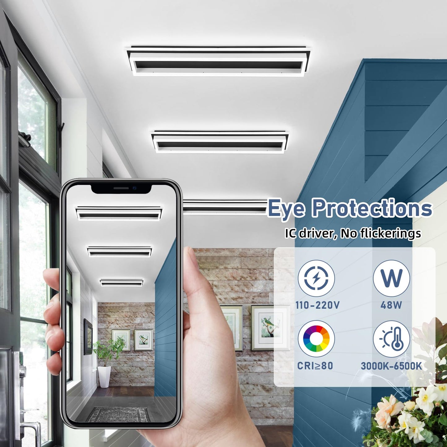 Vloitgol Dimmable LED Ceiling Light, 31.5in Modern Flush Mount Fixture, Black & White, Model CL-80CTYKL-D, Aluminum Material