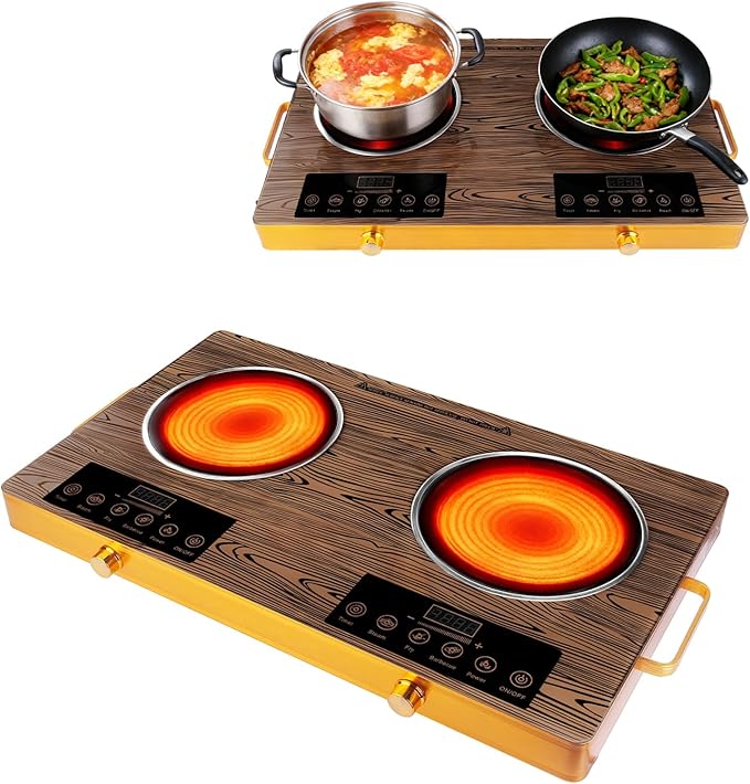 Double Burner Infrared Electric Cooktop, 3500W Ceramic Hot Plates for Countertop, 11 Power Levels 0-4H Timer, LED Display, Portable Handle, Portable Stove for Home RV Camping(Wood)