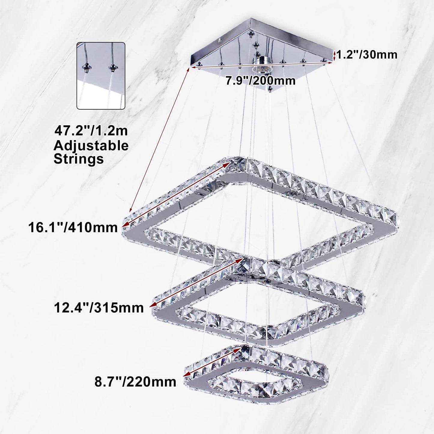 Diisunbihuo Modern Crystal Led Chandelier Pendant Light, Adjustable Height, Square Rings, Cool White, Model B078Dlym5X
