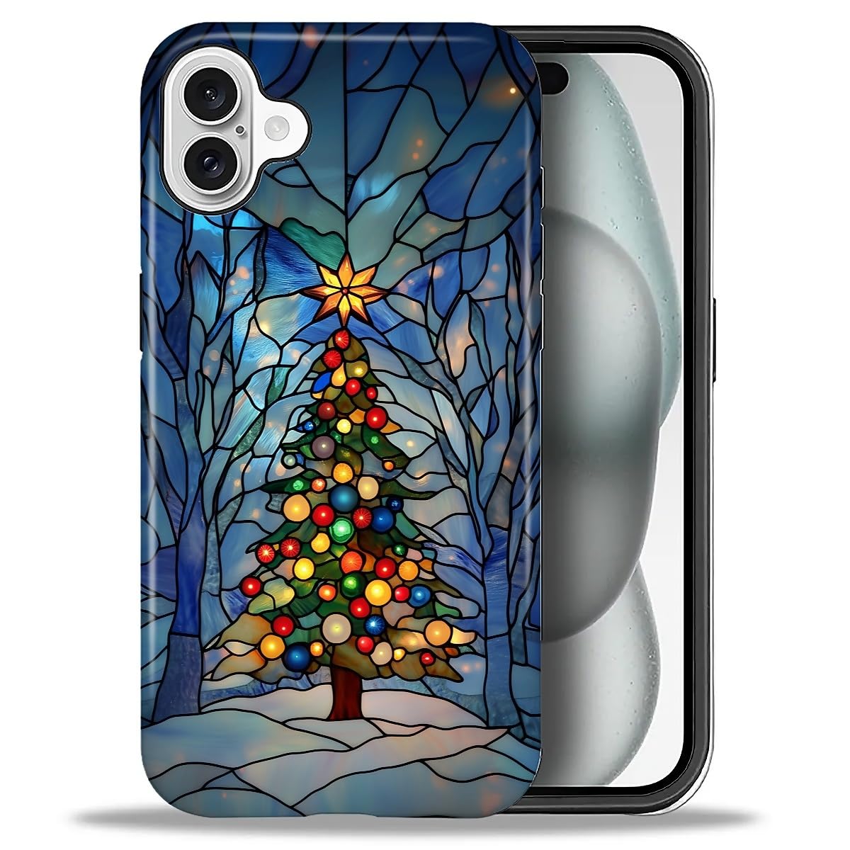 SKAMIX Case for iPhone 16 Plus,Drop Protection Hybrid 2-Layer Hard Phone Cover-Stained Glass Winter Christmas Tree