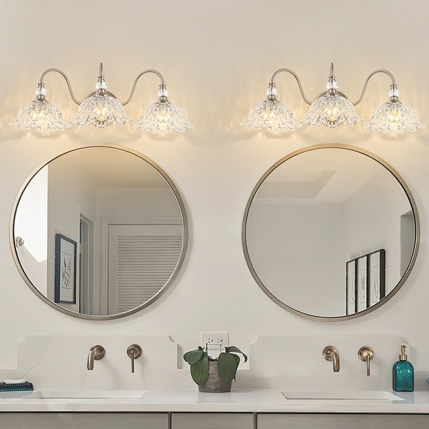 Brushed Nickel 3-Light Bathroom Vanity Light With Floral Clear Glass Shades  Brushed Nickel Wall Mount Lighting For Bathroom  Dressing Table