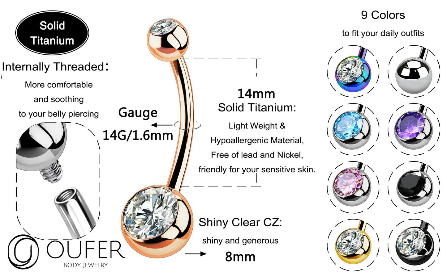 OUFER Titanium Belly Button Rings, Internally Threaded 14mm Long Belly Ring, Round CZ Navel Rings for Women Men (Rosegold)