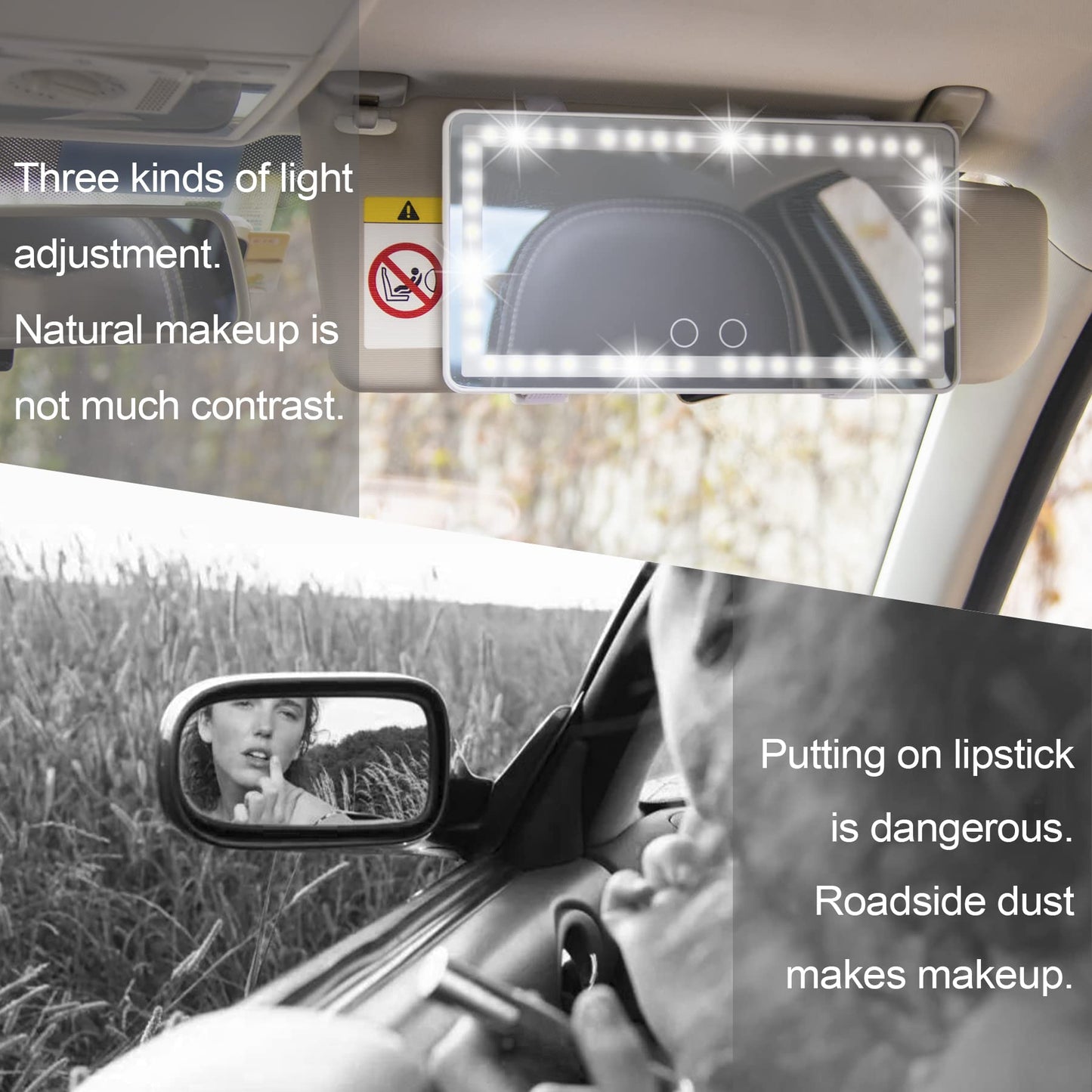 UYYE Car Visor Vanity Mirror, Rear Makeup Mirror, Touch on Screen & 3 Light Modes, Rechargeable Travel Makeup Mirror with LED Li