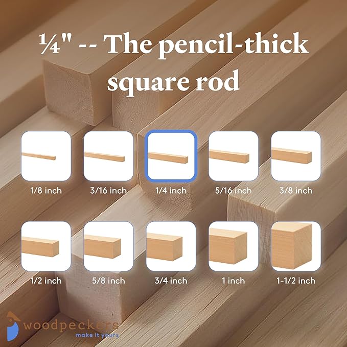 DIY Wooden Square Dowel Rod 1/4-inch x 48 Pack of 25 Hobby Wood Sticks for Crafts, Wood Trim & Architecture Model Making, by Woodpeckers
