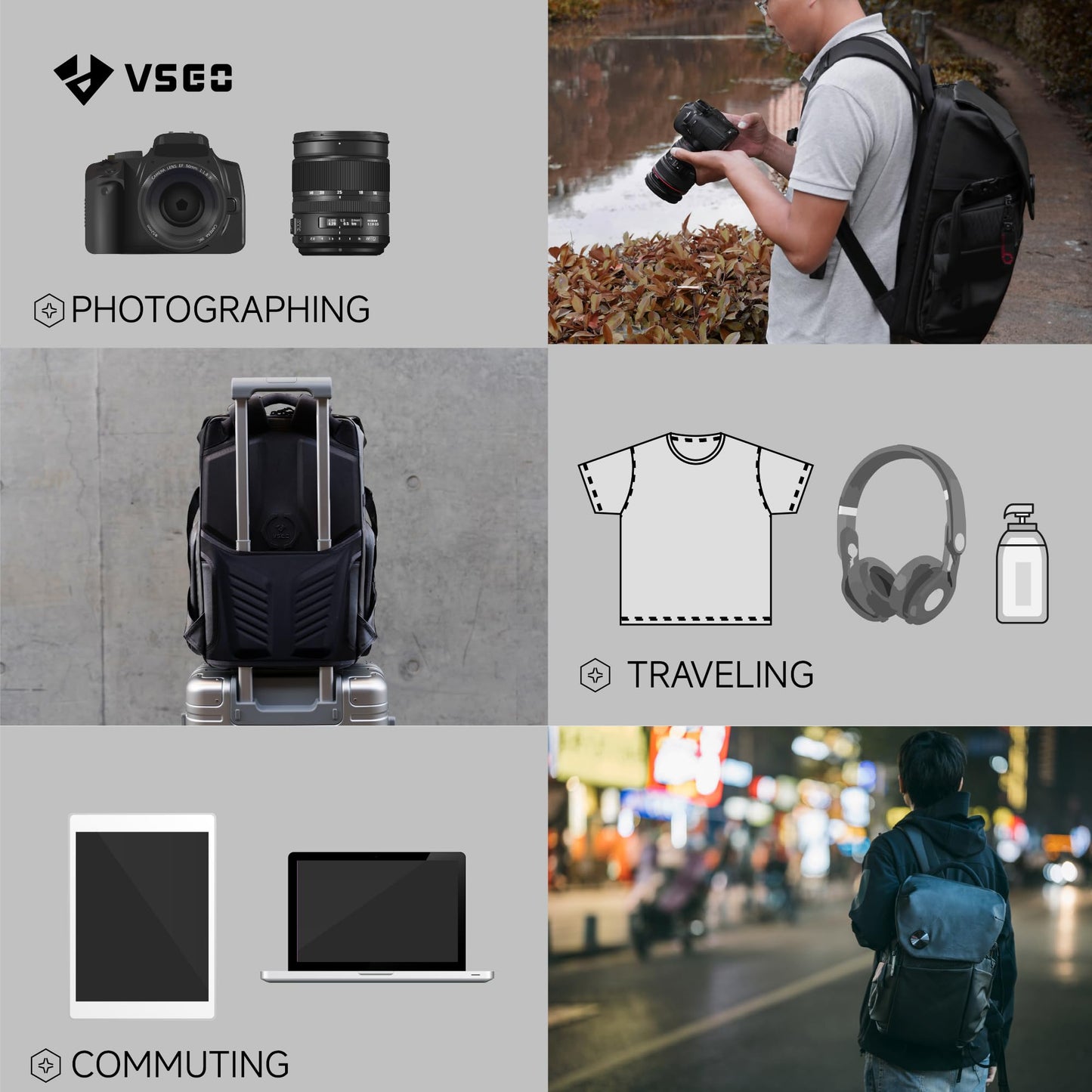 VSGO 20L Professional Camera Backpack for DSLR/SLR, Compatible with Sony Canon Nikon Cameras, DJI RSC2 Gimbals, Tripod, 15.6" Laptop, Lenses & Accessories – Waterproof TPU Canvas, Travel & Outdoor Use