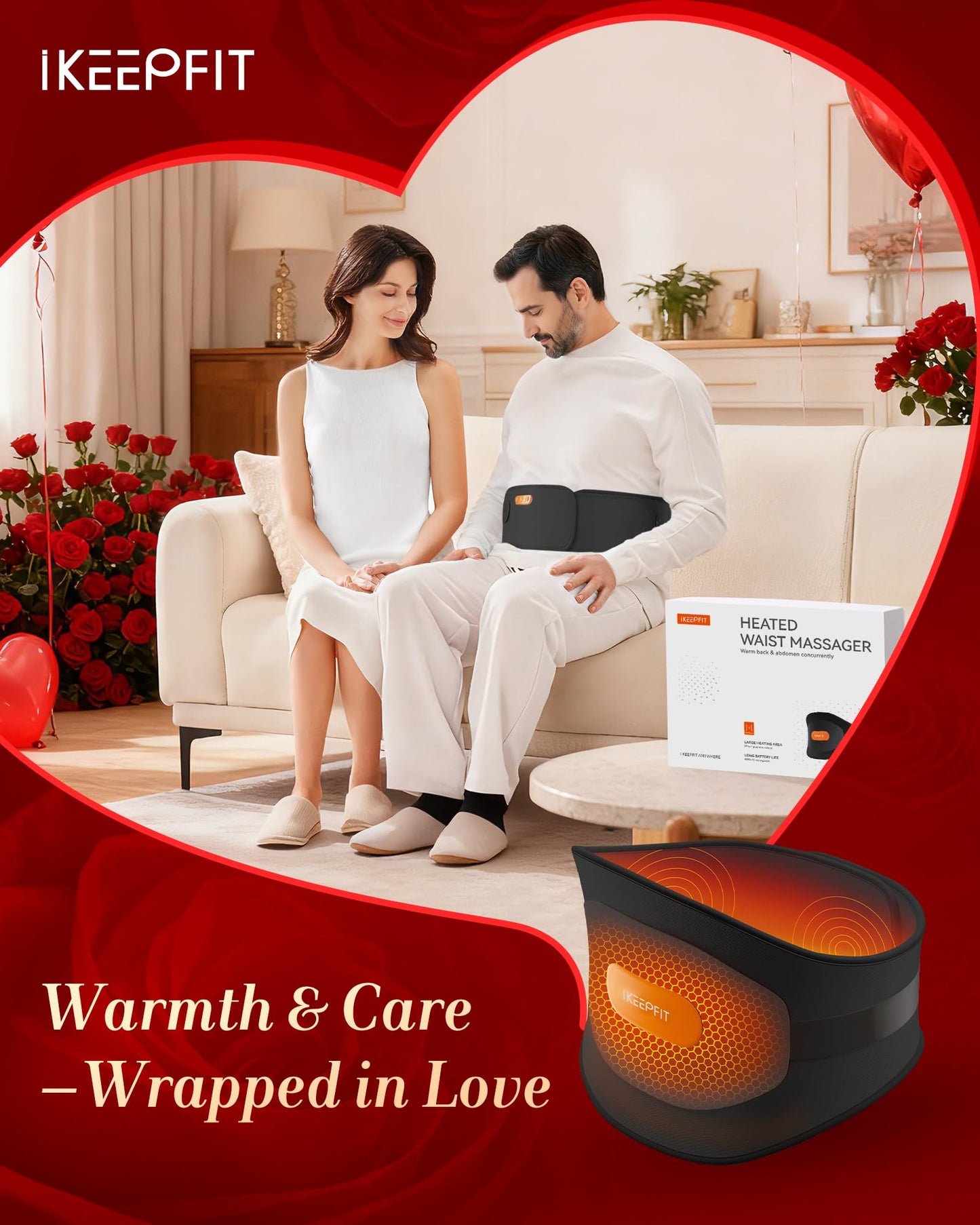 IKEEPFIT Portable Heating Pad for Back, Cordless Wearable Heat Belt with Massager for Lower Back Pain Relief, Battery Powered 8000 mAh Rechargeable, MAXwarm® 3.0, Gift for Women Men 90-310 lbs