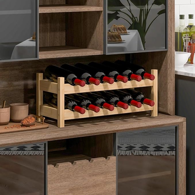 Giantex Bamboo Wine Rack, 2 Tier 12 Bottle Wine Storage Cabinet Shelf, Small Wine Rack Bottle Organizer Freestanding Counter, Countertop Wine Racks for Kitchen, Bar, Pantry & Wine Cellar, Natural