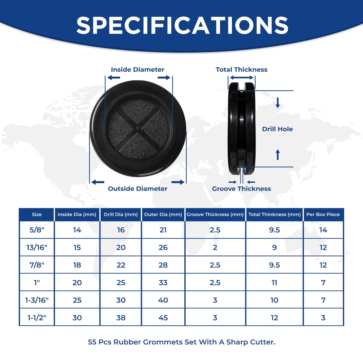 55Pcs Rubber Grommets kit, Firewall Hole Plugs in 6 Assorted Sizes 5/8",13/16",7/8",1",1-3/16",1-1/2"- Round Rubber Grommets for Wiring & Waterproof Wire Grommet kit - Ideal Wire Protection Solution